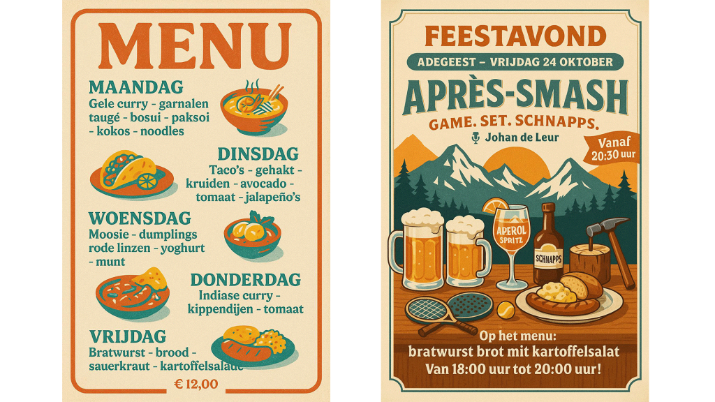 Weekmenu en informatie over de feestavond tijdens Adegeest Boonekamp open toernooi