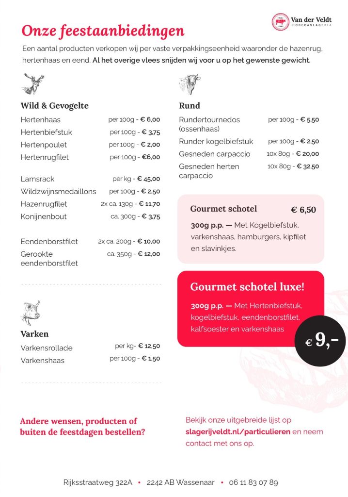 Aanbiedingen vlees voor de feestdagen van slager van der Veldt